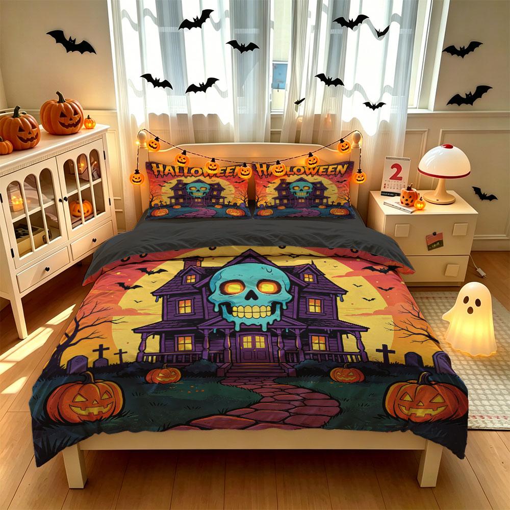 Halloween Haunted House Blue Skull Pumpkin 3Pcs Duvet Cover Set Scary Gothic Spooky Bedroom Bedding Set