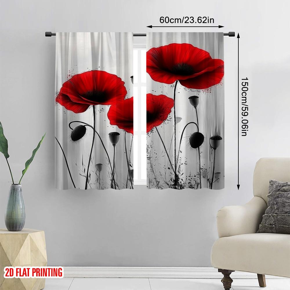 2 Stück, 2D-Flachdruck Vorhangstoff Mohn-Trio Polyestergewebe (ohne Stange) Außendekorationen Perfekt für Wohnzimmer,
