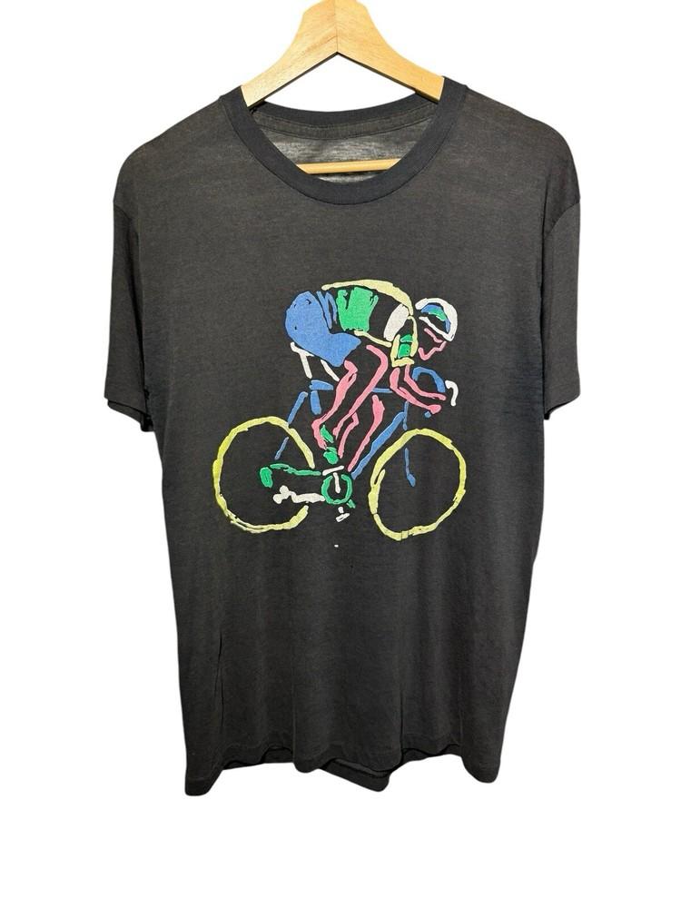 

Vintage 80s Bicycle T-Shirt Distressed Paper Thin Black Sz L Single Stitch Unisex T-Shirt L