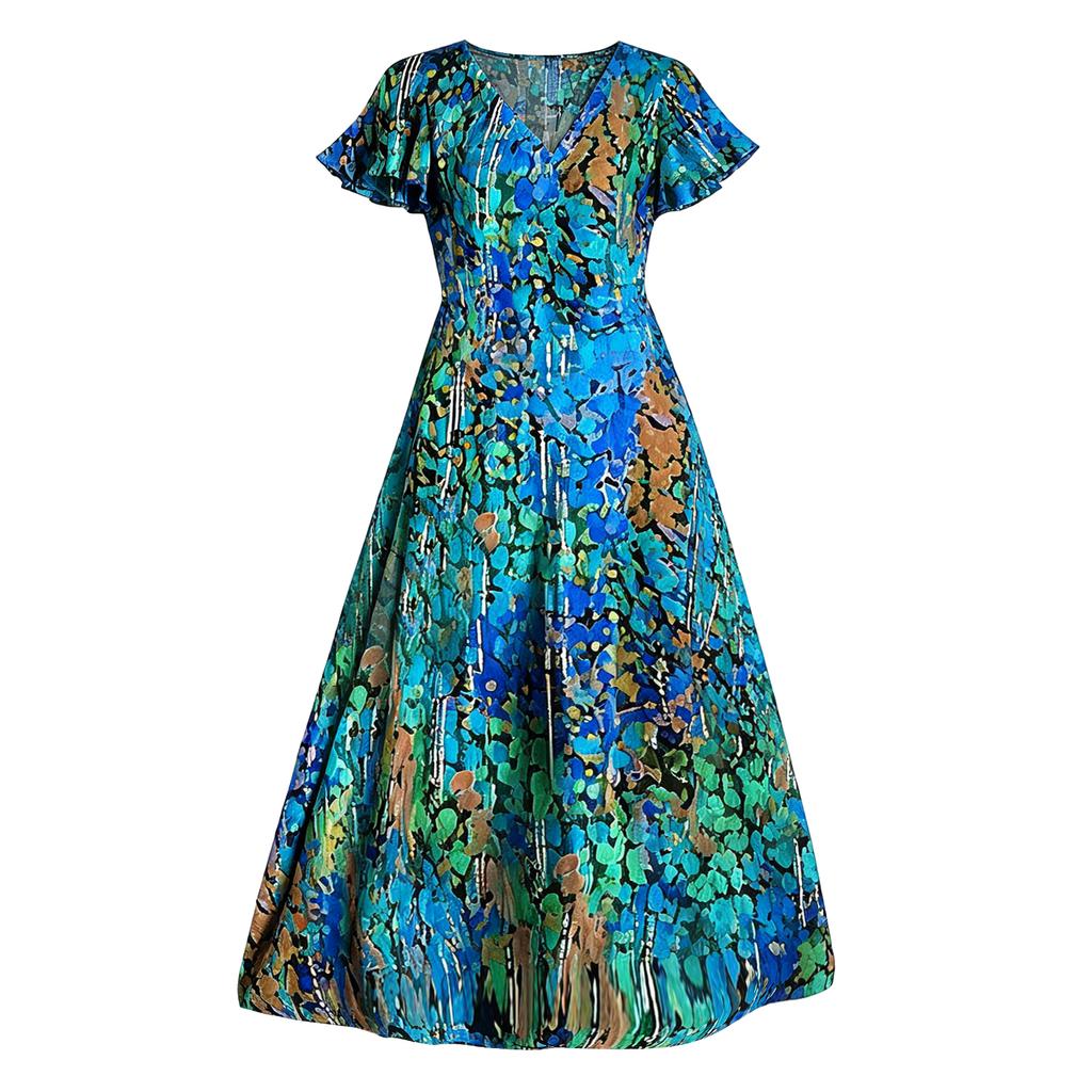Women's Short Sleeve Maxi Dress Floral Print V Neck Chiffon Long Dress Casual Lightweight Summer Dress for Daily Wear