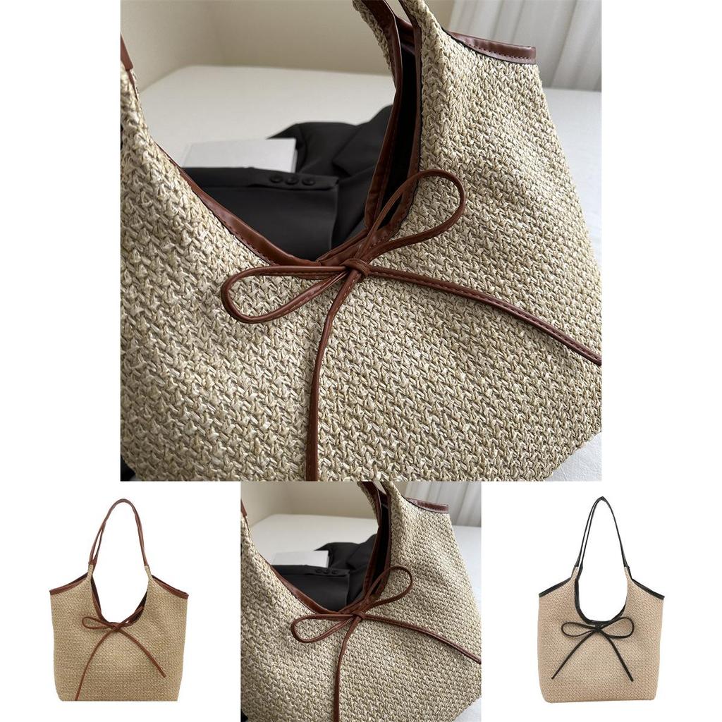 Fashion Color Blocked Bow Decoration Women Casual Woven Tote Bag For Daily Use