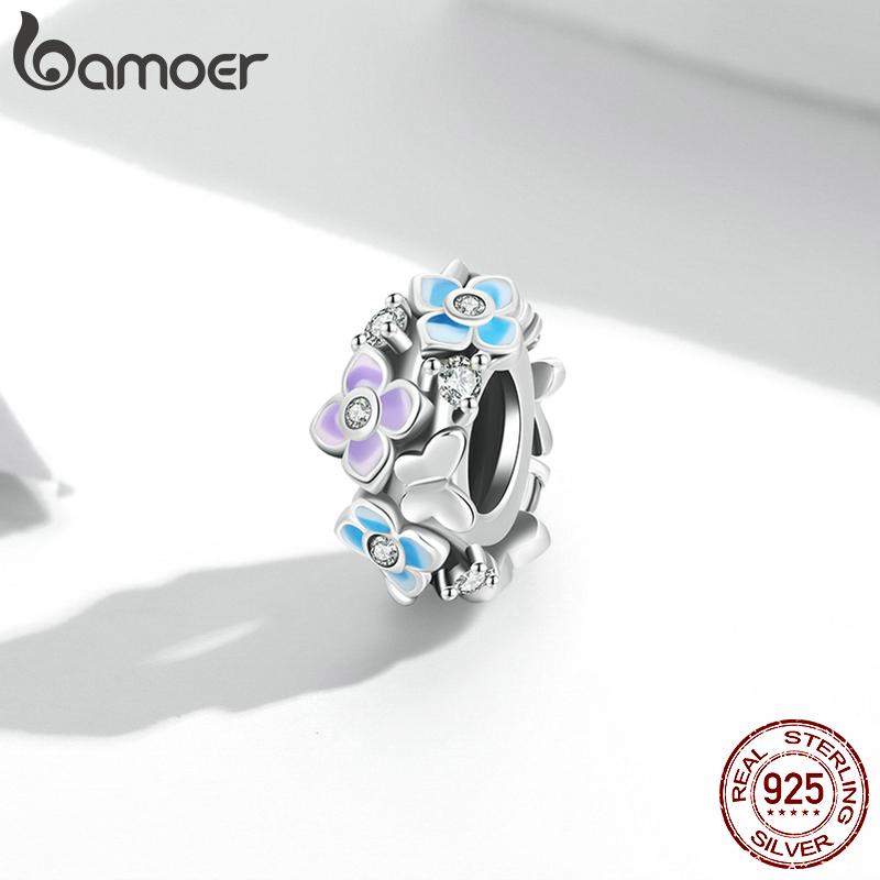 Bamoer Colorful Butterfly Loves Flower Charm Authentic 925 Sterling Silver Pendant Fit Women DIY Making Bracelet Fine Jewelry Gift