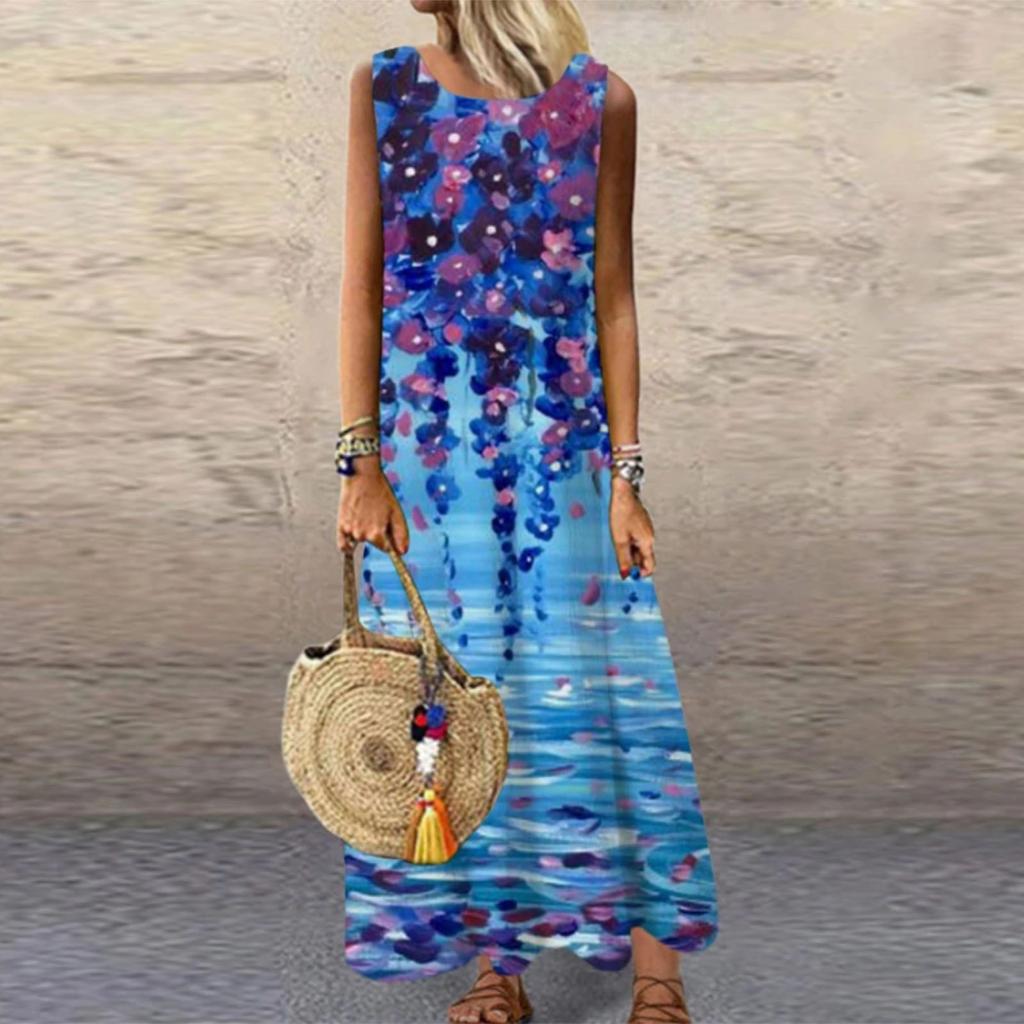 Women Boho Summer Sleeveless Sling Printed Casual Loose Long Dress