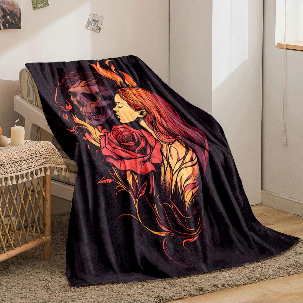Fiery Skull and Rose Art for all seasons blanket lunch break throw gift