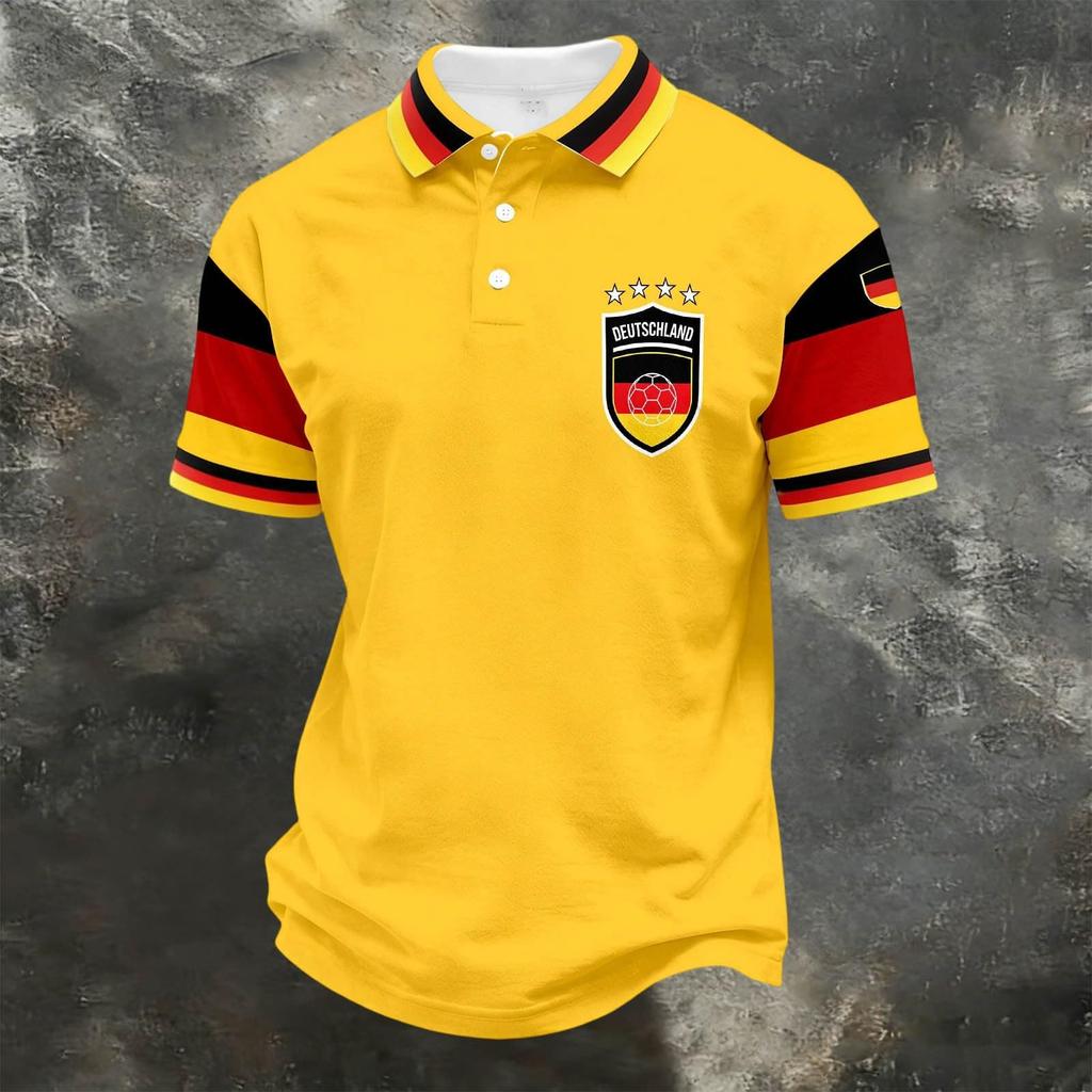 Unisex Casual Loose Fit Short Sleeve Polo Shirt with Germany Inspired Graphic Print and Button Collar for Everyday Wear