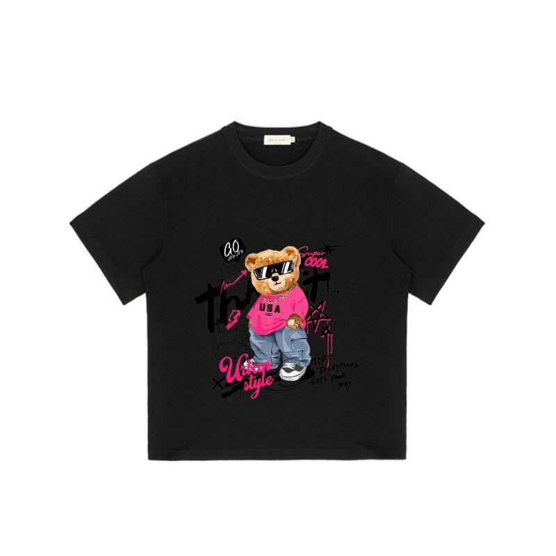 Black T Shirt with Bear Graphic and Pink Text Print for Casual Wear