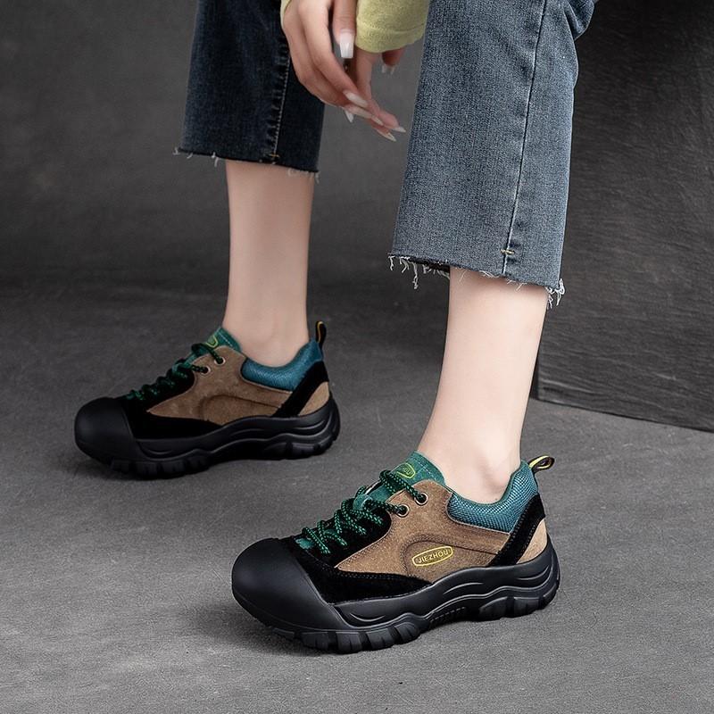 Johnature Podzim Zima Ležérní Boty Ženy Pravá Kůže Smíšené Barvy Kulatá Špička Retro Měkká Podrážka Pohodlné Tenisky