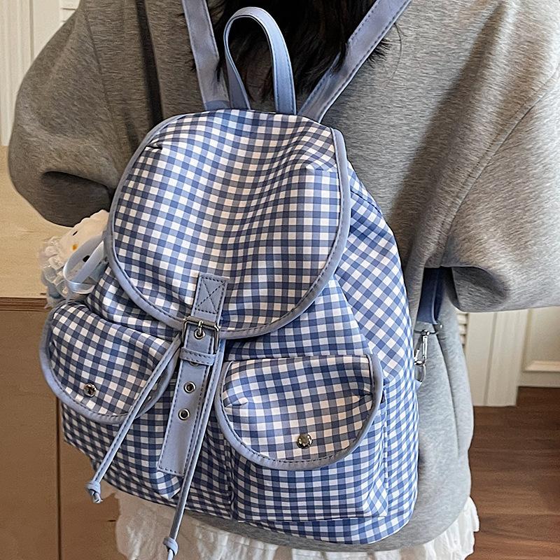 2025 Summer New Fashion Korean Niche Plaid Backpack Large Capacity College Pocket Japanese Backpack Women