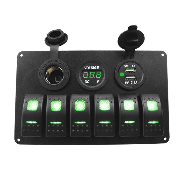 

6 перекидних перемикачів, панель 12, 24 В, подвійний USB-розетка для зарядного пристрою, вольтметр, дисплей напруги для морських автомобілів, вантажівок, яхт зелений