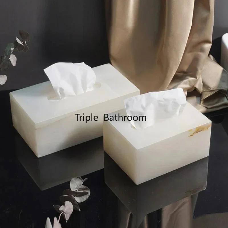 White Onyx Natural Marble Bathroom Accessories Luxury Soap Dispenser Cotton Swabs Container Reed diffuser Tray Bathroom Set