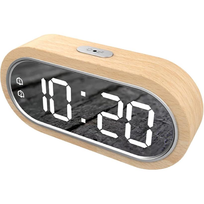 LANRU Beech Wood Digital Clock Dual Alarm Snooze USB Alarm Clock Table Thermometer Electronic LED Wooden Desk Clock 4-Level Brightness for Living