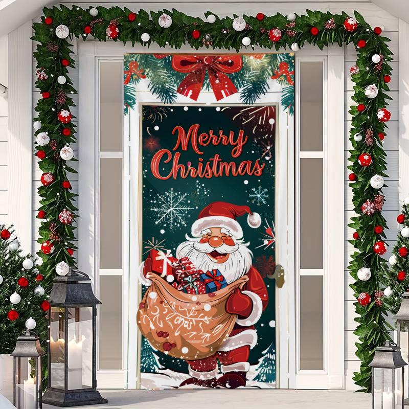 1 ks Veselé Vánoce Kryt na dveře Banner Polyester Vzor Santa Clause pro Štědrý večer Novoroční sváteční párty Vchodové dveře Domácí nástěnná dekorace