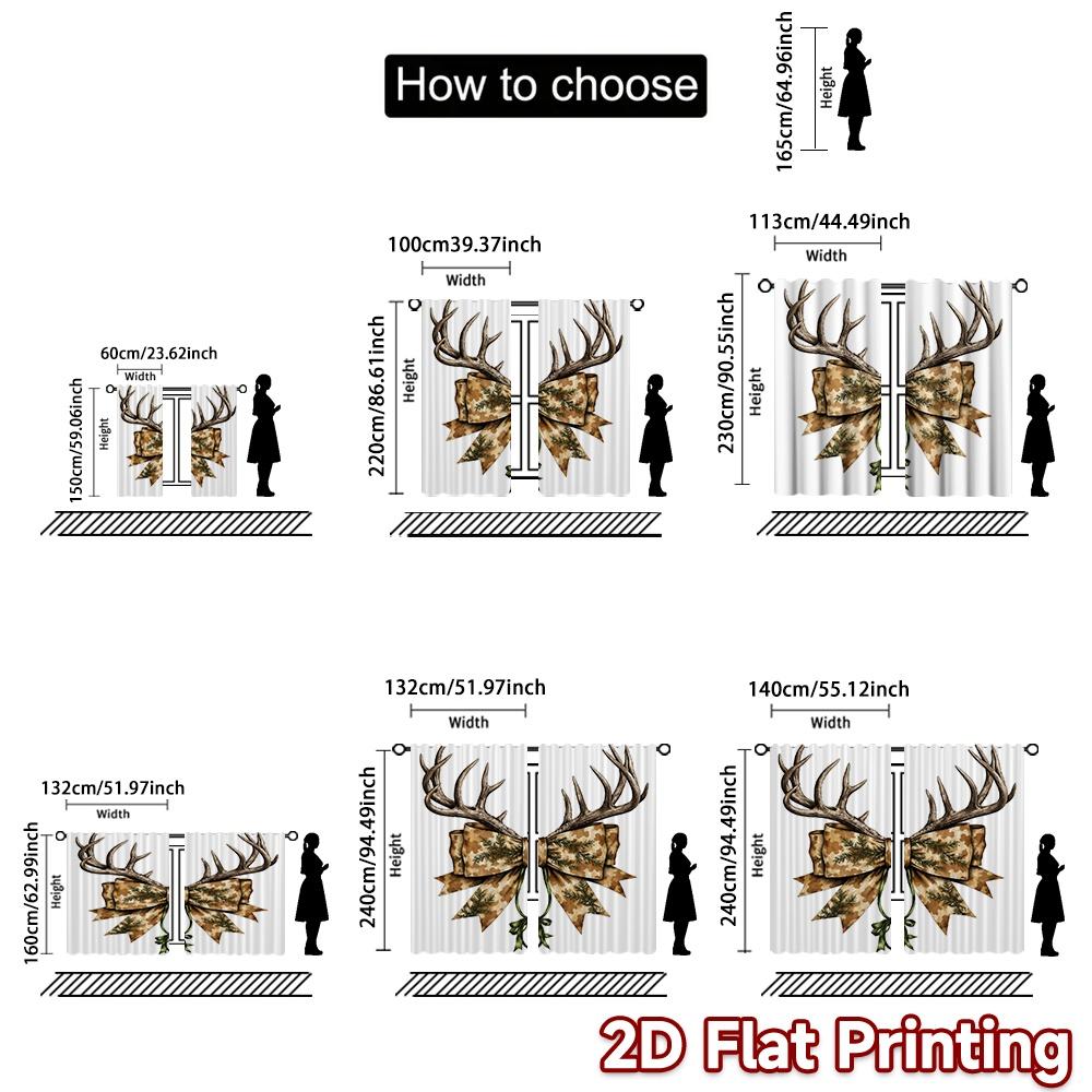 2D FLAT PRINTING 2pcs Curtains (Without Rod) Christmas Antler Ribbon Bow Chic Curtain Cloth Versatile Polyester Fabric Curtains