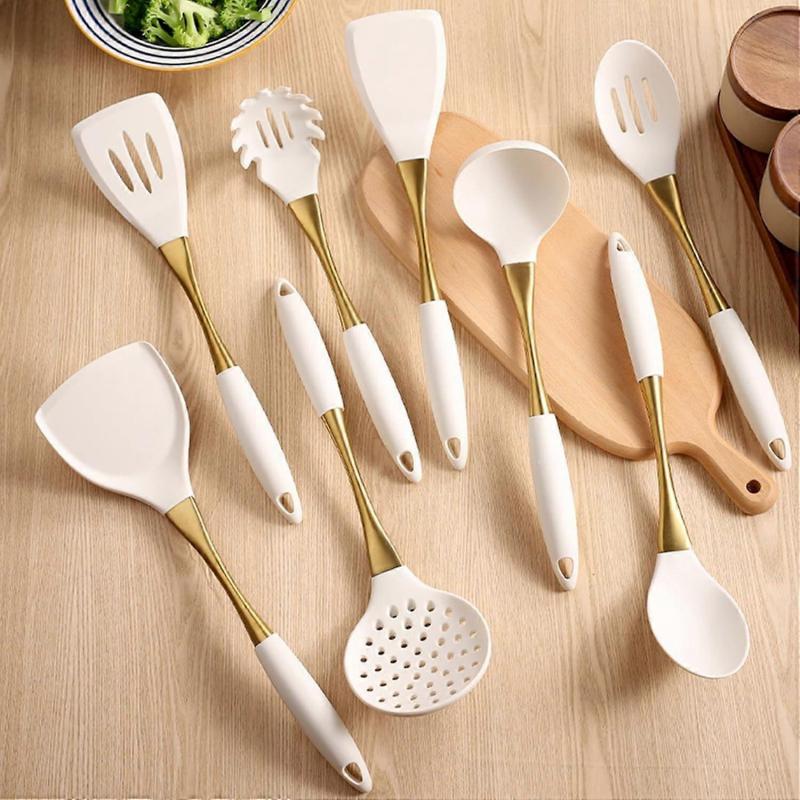 8Piece Silicone Kitchen Utensils Set with Gold Stainless Handles, Heat Resistant Nonstick Cooking Tools