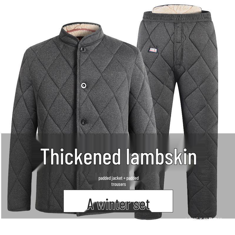 Men's Winter Cotton Jacket and Pants Set with Plus Velvet Lambswool - Warm Thickened Grandpa Style