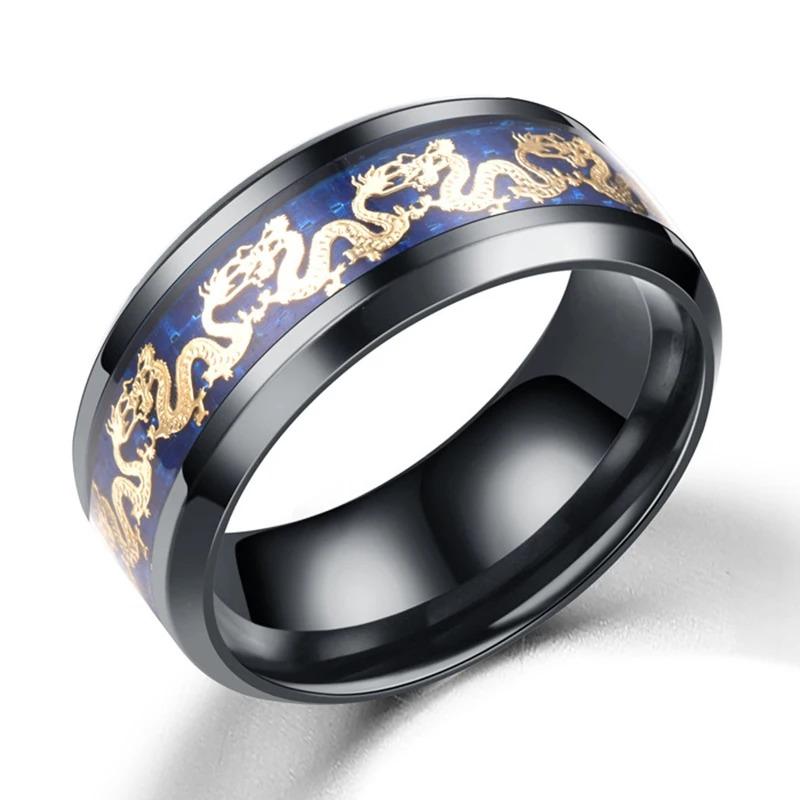 8mm Men Stainless Steel Dragon Ring Vintage Punk Chinese Dragon Pattern Carbon Fiber Rings For Men Wedding Party Jewelry