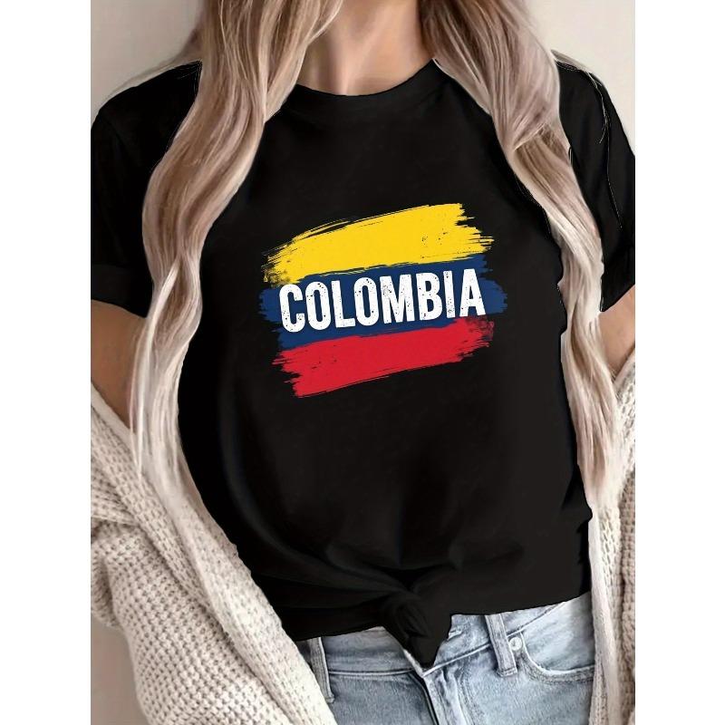 

European sizes Women S Casual Short-Sleeve Crew Neck T-Shirt Featuring a Brush Stroke Design of The Colombian Flag, Perfect for Spring And Summer 4XL