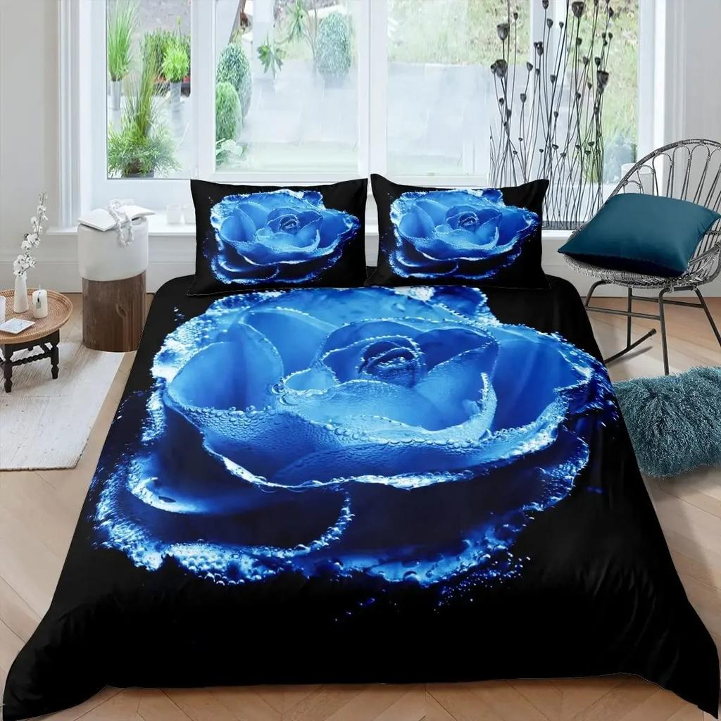 Blue Rose Floral King Queen Duvet Cover 3D Blossom Flowers Bedding Set Valentine's Day Quilt Cover Botanical Comforter Cover