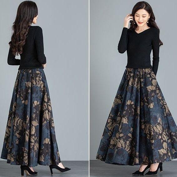 Women Spring Design Pocket Skirt High Waist Vintage Floral Printing Elegant Midi Skirts