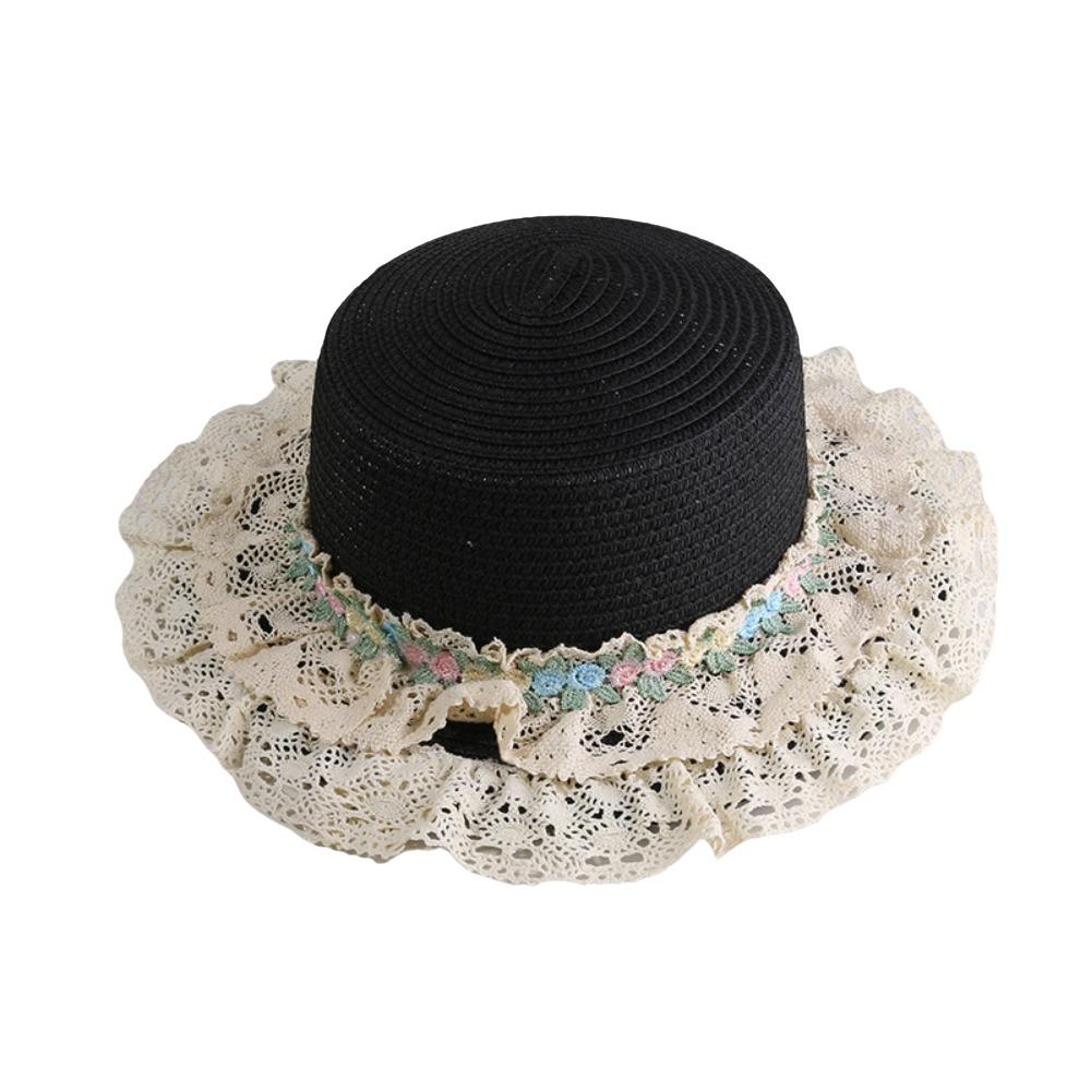 Wide Brim Lace Floral Brim Cap Flat Top Sunscreen Hat Cute Women's Sun Hat  Seaside