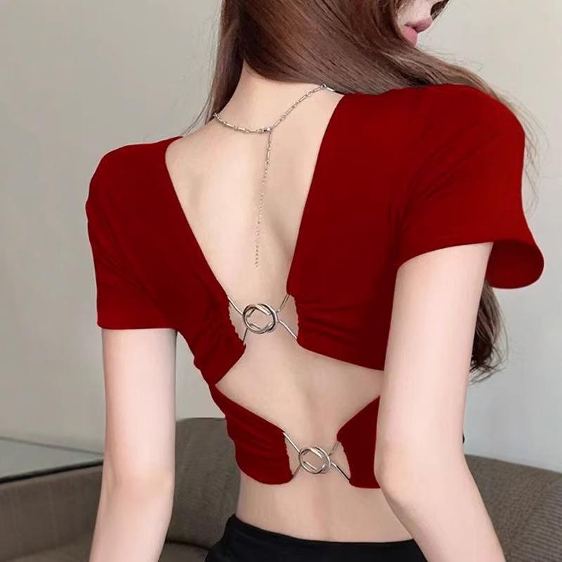 Black Backless Short Sleeve Women's T-shirt – Sleek Summer Design with Slimming, Elegant Fit