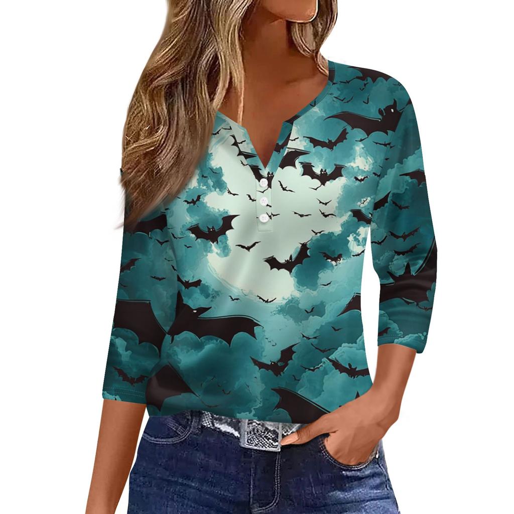 Women's Casual Fashion V-neck Loose Versatile Halloween Print Three-quarter Sleeve Top