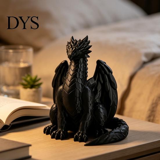 Modern Balcony Decoration 3D Printed Sitting Black Dragon Statue, Fantasy Western Figurine, Small Desktop Art Pieces Gothic Decor Ornament for