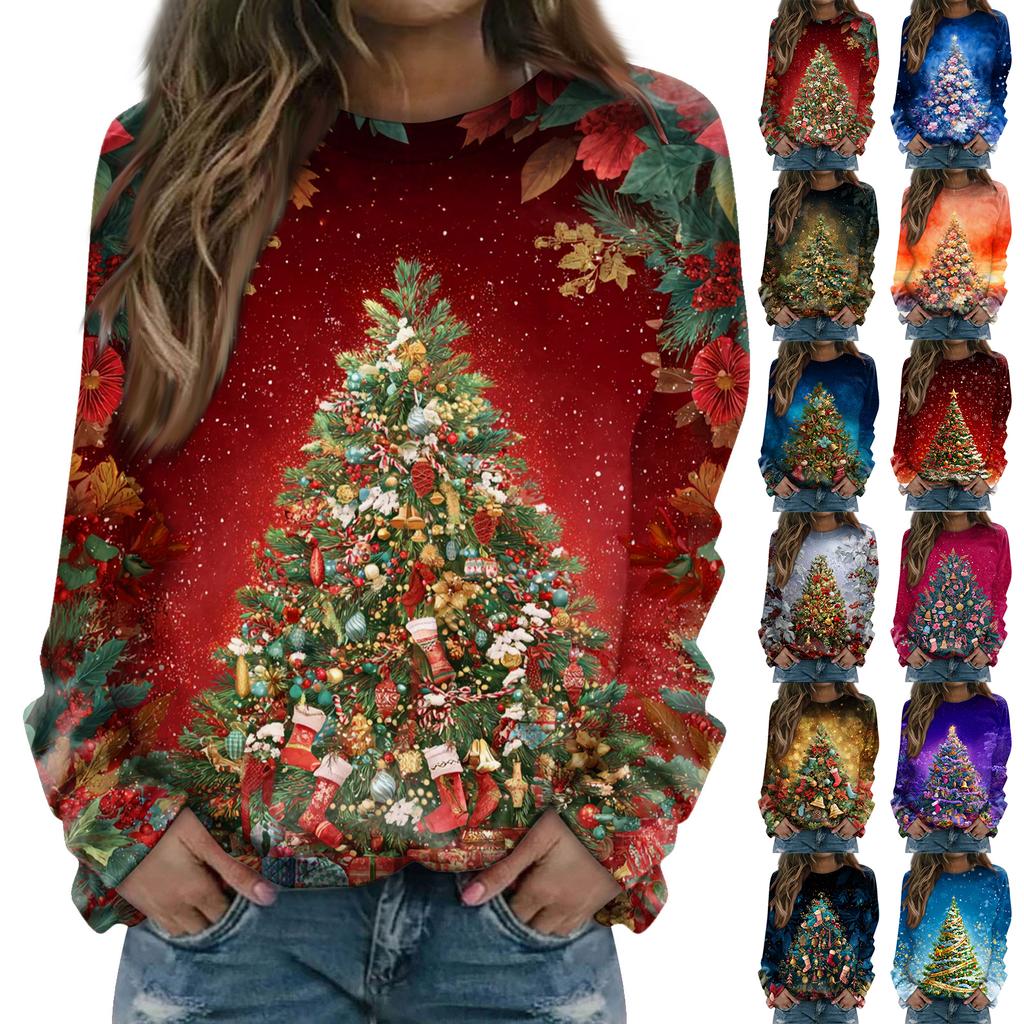 Women's Fashion Casual Long Sleeve Christmas Printed Neck Sweatshirt Top
