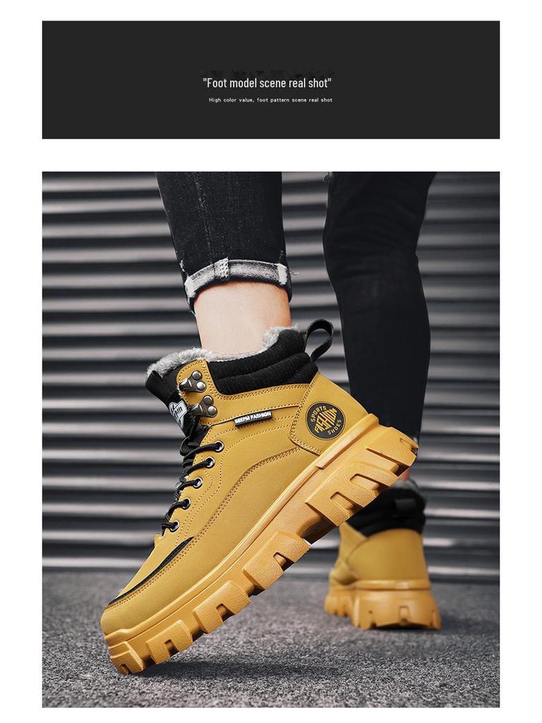 British Style Men's Winter High-Top Velvet Lace-Up Cotton Boots with Thick Soles