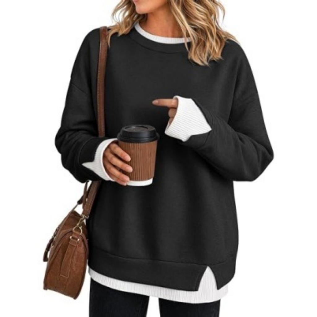 New Women's Loose Crew Neck Fake Two-piece Hoodie, Casual Long Sleeve Patchwork Cuff Pullover Top for Europe America Crossborder