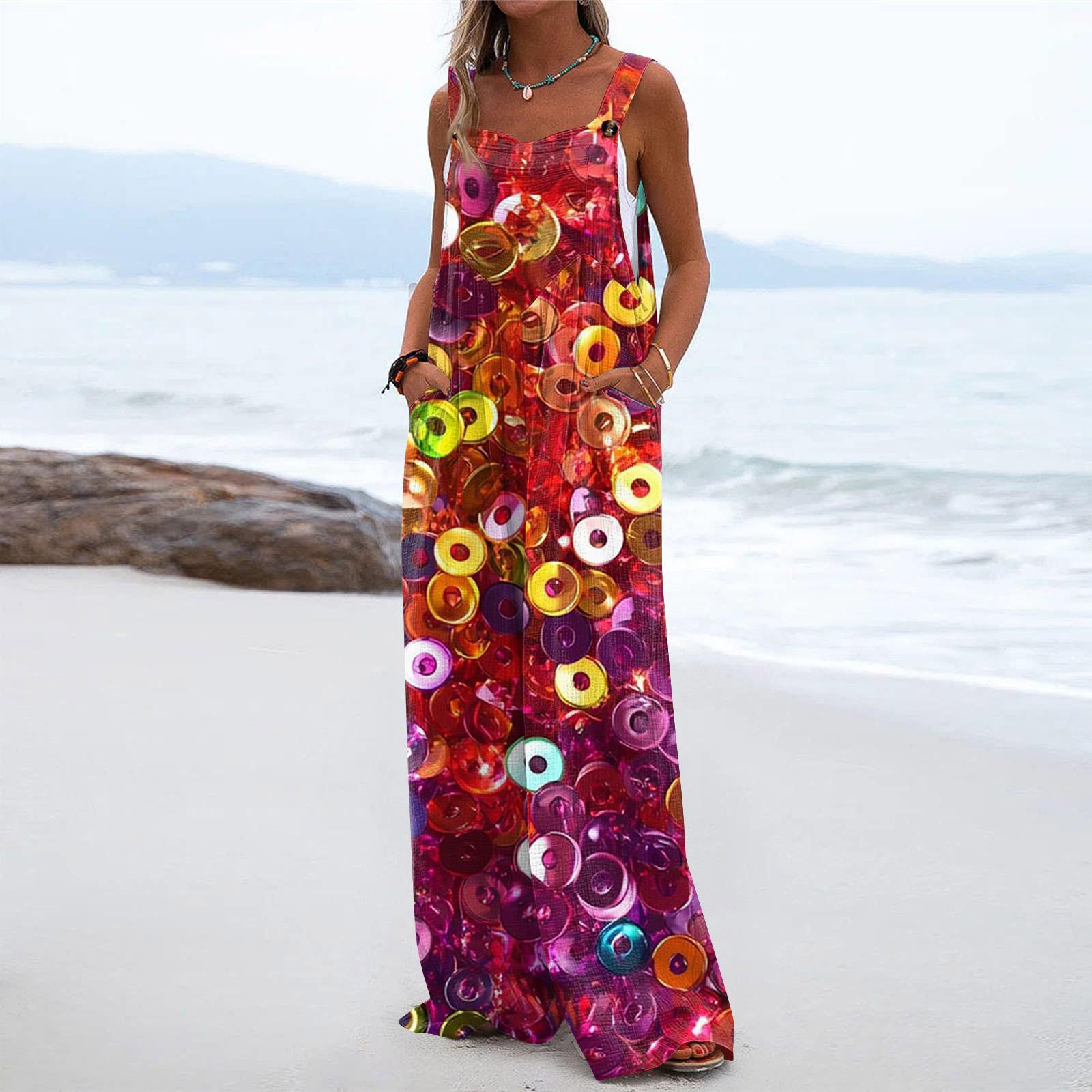 

Широкий комбинезон для женщин, повседневный свободный комбинезон без рукавов с принтом и пуговицами, длинные брюки, комбинезон с карманами L винный