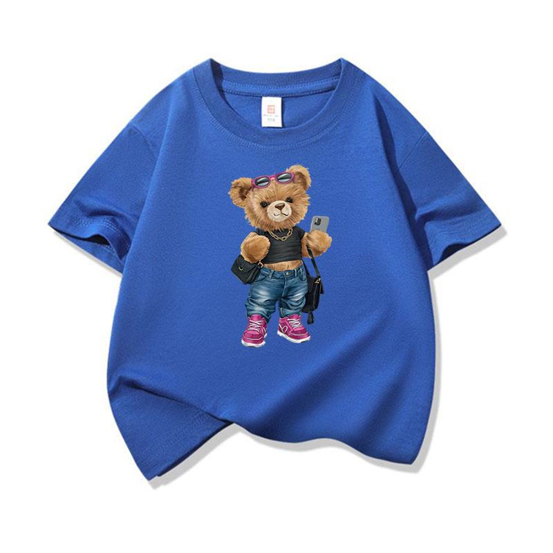 Trendy Girl Bear With Sunglasses Graphic Tee Kids 100 Cotton Crew Neck Casual T Shirt Short Sleeve Muticolor Top For Girls Boys