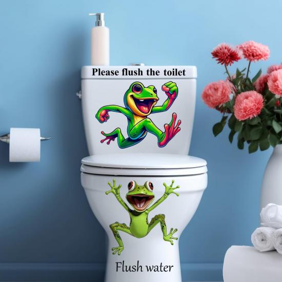 2PCS Cute Animals Toilet Seat Stickers Self-Adhesive Frogs and Lettering Toilet Lid Decals DIY Removable Smile Frog Quotes Toilets Stickers for
