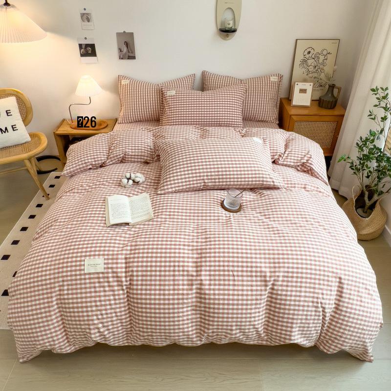 Muji-Inspired Plaid Water-Washed Cotton Duvet Cover Set - Minimalist Brushed Four-Piece Bedding Set
