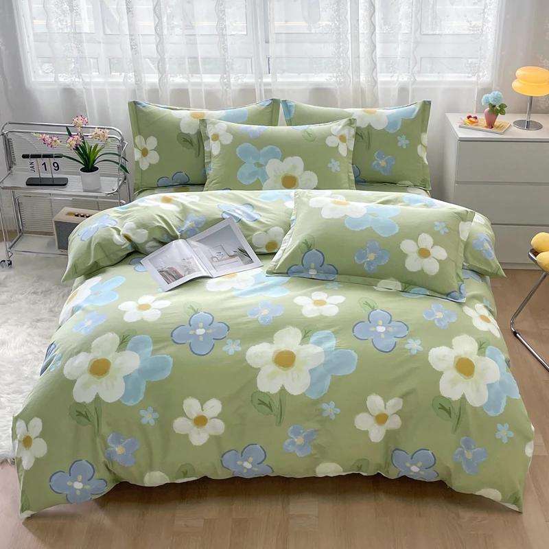 Comforter Cute Cartoon Panda Twin Queen 100% Cotton Kawaii Star Comforter 3 Pcs Soft Reversible Green Plaid Bedding Set