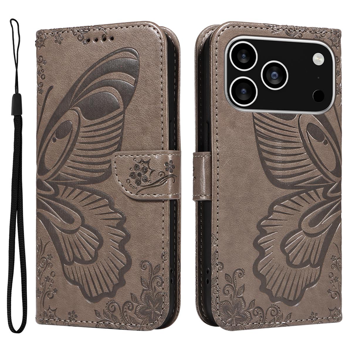 

For iPhone 17 Pro Case Butterfly Pattern PU Leather Folio Flip Phone Cover Grey