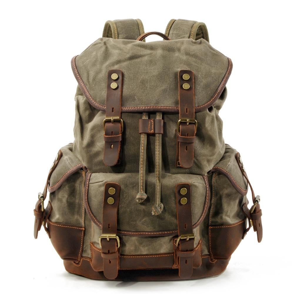 Vintage Canvas Backpacks for Men Laptop Daypacks Waterproof Rucksacks Large Waxed Mountaineering Travel Pack Vintage Backpack
