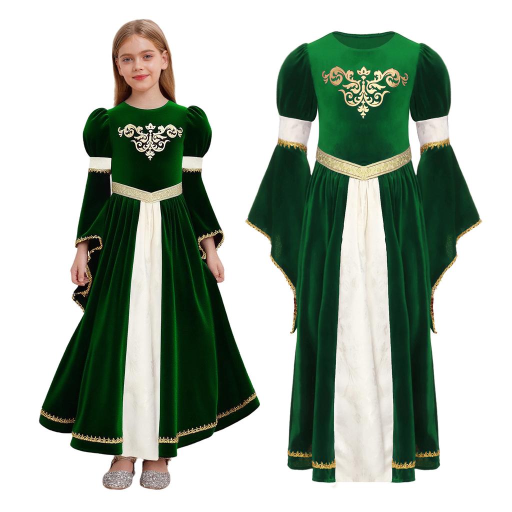 Luxury Medieval Princess Gown for Kids: Detailed Patchwork, Bell Sleeves, Gold Print & Waist Band for Renaissance Theme Event