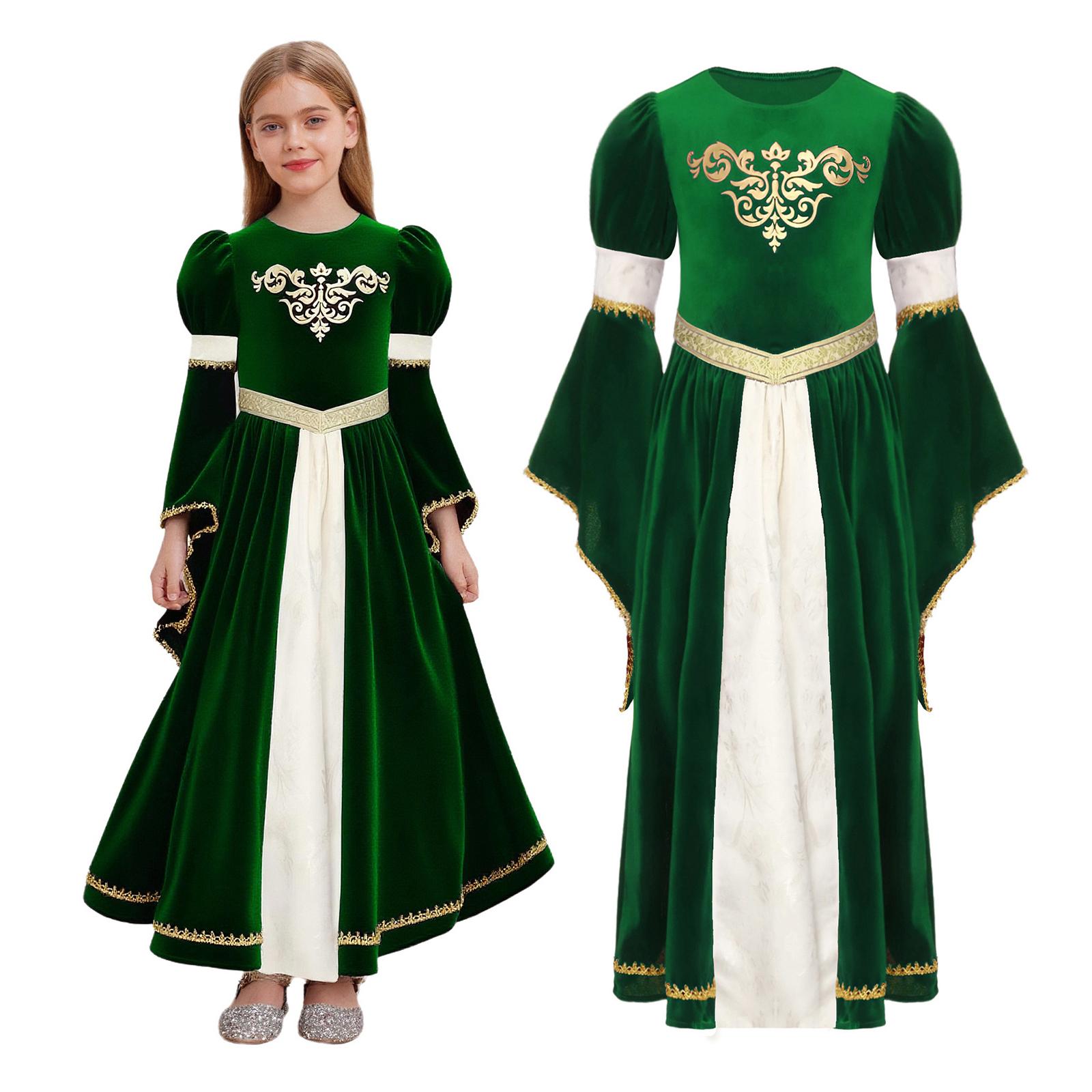 

Luxury Medieval Princess Gown for Kids: Detailed Patchwork, Bell Sleeves, Gold Print & Waist Band for Renaissance Theme Event 5-6 Years зелений