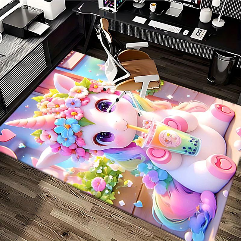 1pc Anime Unicorn Flower Crown Chair Mat - Office Desk Pad with Bubble Tea Design, Non-Slip Carpet for Home Decor, Suitable for All Seasons, Perfect G
