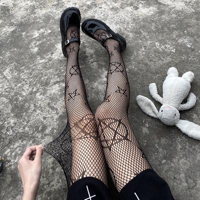 Lolita Meisjes Schattige Pentacle Print Panty's Vrouwen Sexy Gothic Punk Magische Vijfpuntige Ster Mesh Visnet Panty's Bodystockings