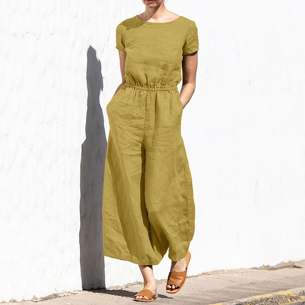 Women's Fashion Loose Casual Solid Color Linen Short Sleeve Temperament Wide-leg Long