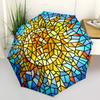 1 Stück Buntglas Sonnen Design Automatisches Öffnen Klappschirm - Tragbares 3-fach Design mit Eisenrahmen - Outdoor - Ideales Geschenk für Fans, Reisende, D