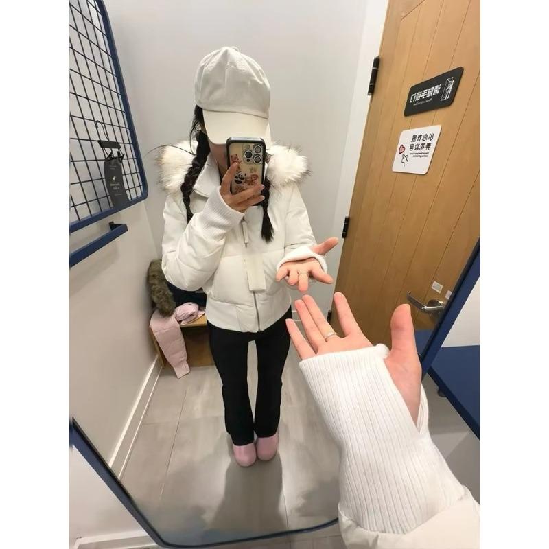 Gentle Wind Pink Fur Collar Hooded Cotton Coat for Women Winter Korean Style Thickened and Warm Short Waisted Cotton