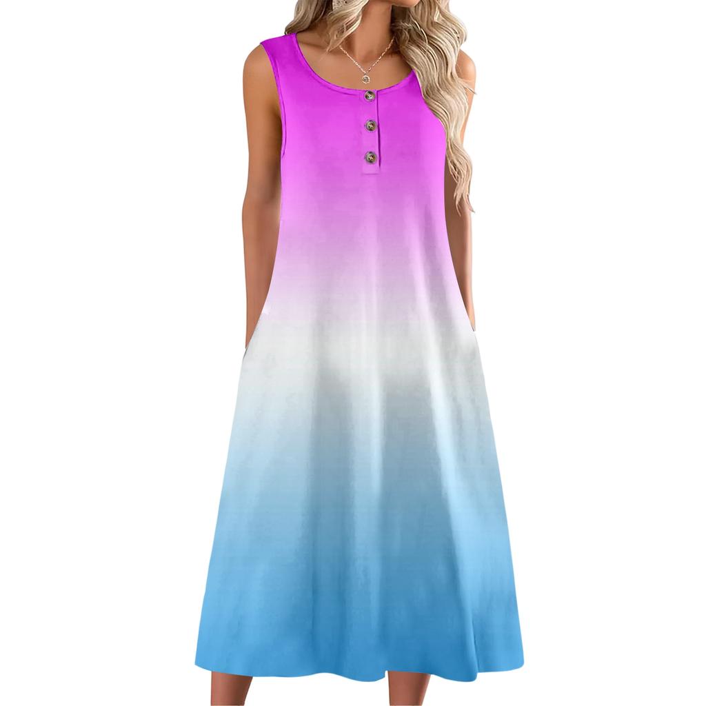Women's fashion with pocket casual sleeveless button gradient dress