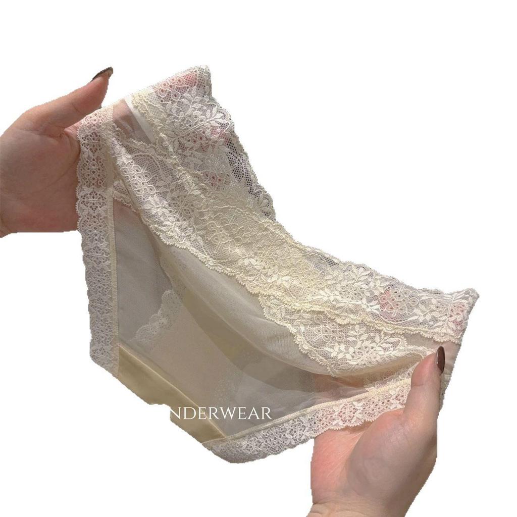 2025 Women's High-End French Lace Panties - Satin Ice Silk, Seamless, Mid-Low Waist, Plus Size
