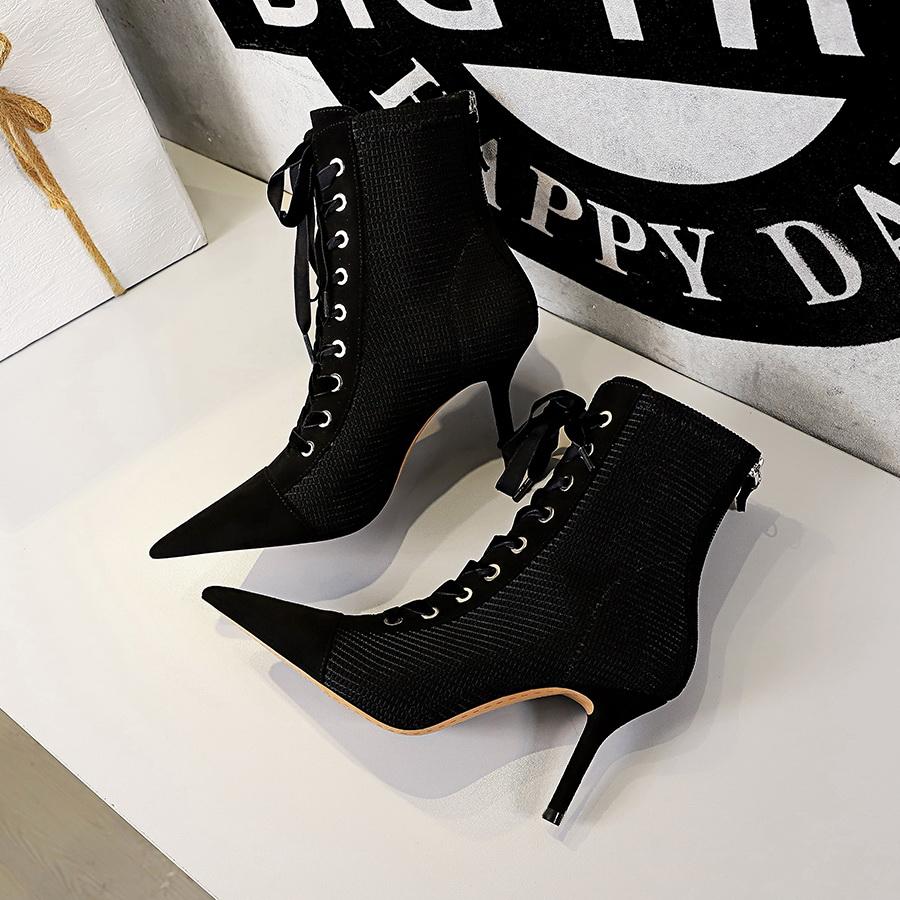 

BIGTREE New patchwork Ankle Boots Women fashion zip Pointed Toe shoes High Heels cross strap short boot black De Mujer 40