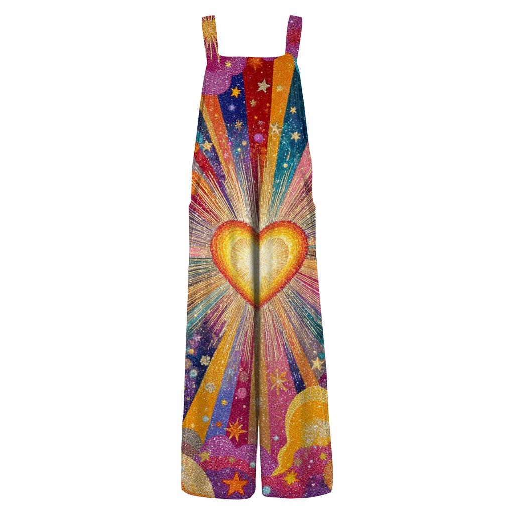 Damen Valentinstag Bedruckte Lässige Lockere Retro Baumwollleinen Latzhose mit Taschen