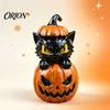 Artistic Resin Craft Collectibles Halloween Black Cat & Pumpkin Ornaments, Cute Desktop Figurines, Holiday Atmosphere Room Decor Cartoon And