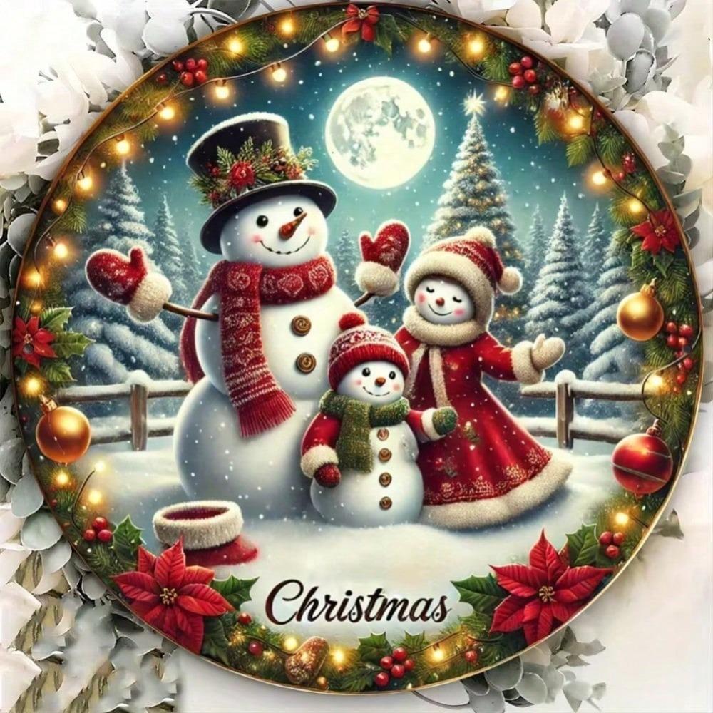 Vintage Snowman Family Aluminum Sign Round Embossed Folk Art Metal Tin Plate for Home Wall Decor Garden Patio